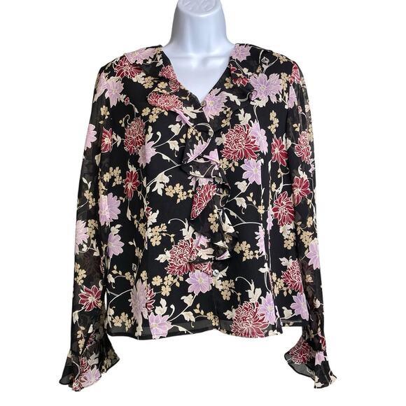 Laura Ashley Women's Dark Floral 100% Silk Blouse Size 8 Whimsigoth Moto Boho - Picture 1 of 12
